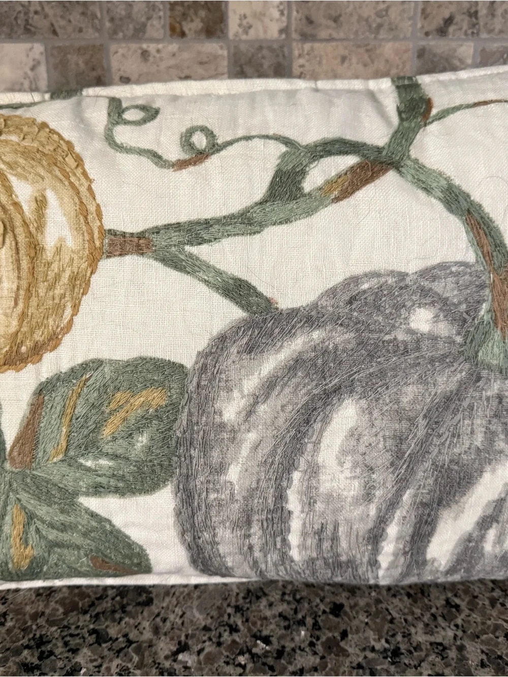 Embroidered Harvest Pumpkin Pillow Cover in Cream, Gray & Green